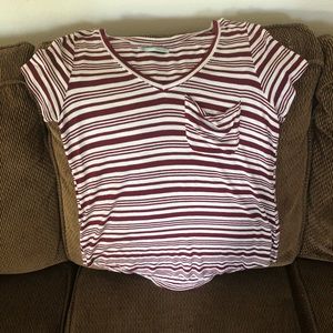 Burgundy and white striped Maurice’s V-neck tee